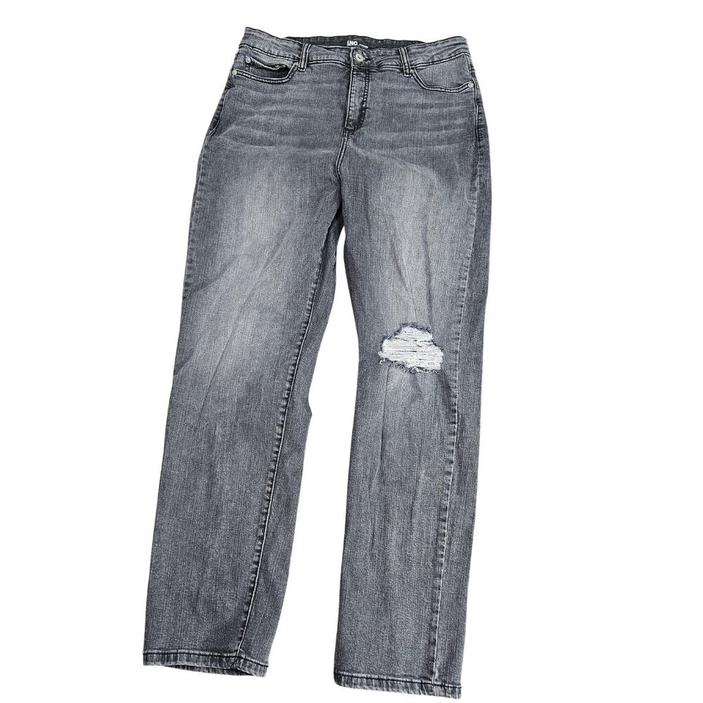 INC Straight Jeans Womens 16 Gray Charcoal High Rise Distressed Stretch Denim